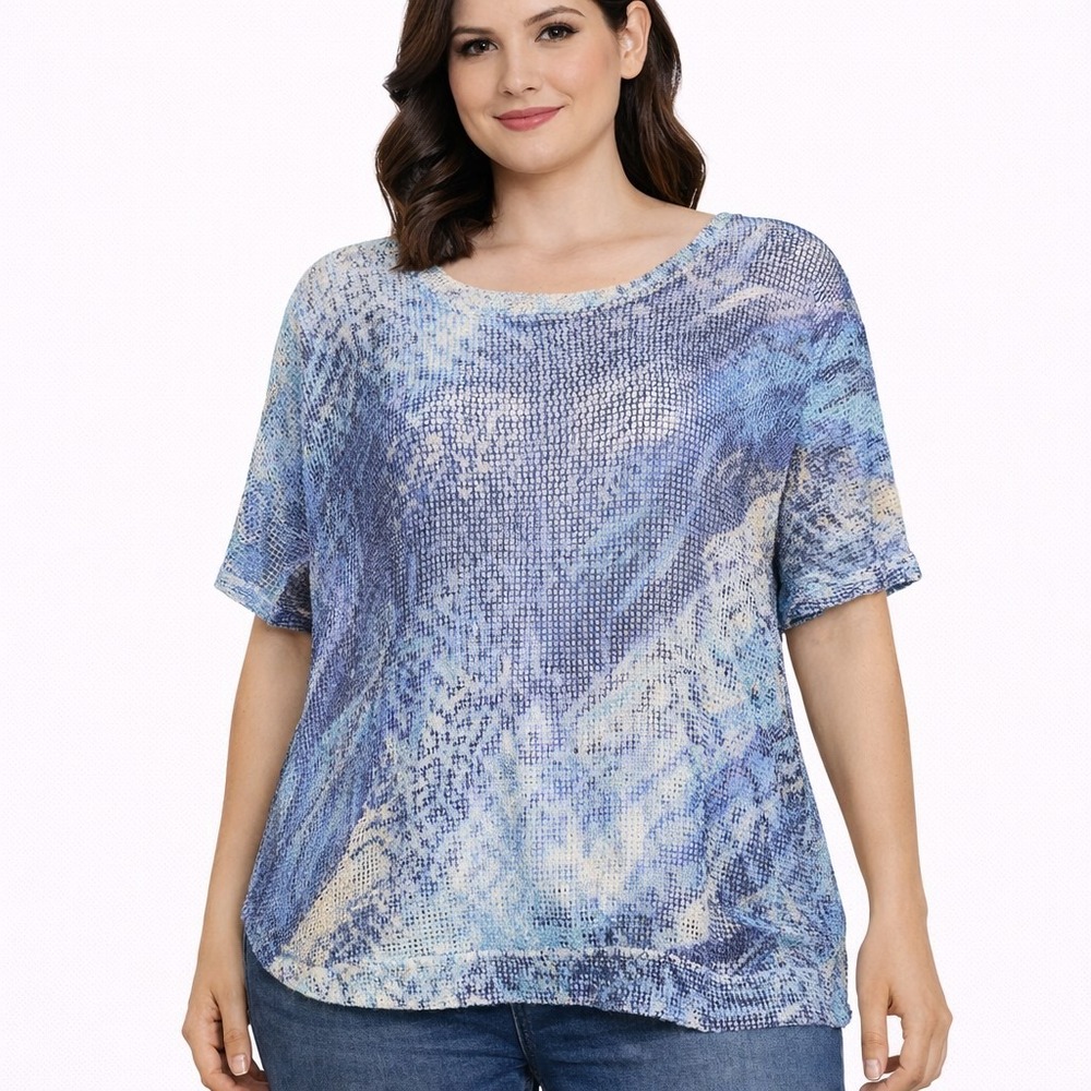 THOMAS & OLIVIA Size XL Blue Mesh Knit Animal Print Short Sleeve Sheer‎ Blouse
